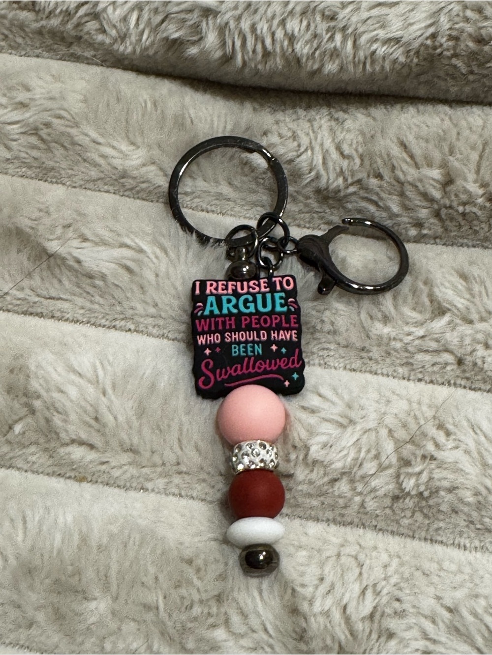 Humor Pink & Red Beaded Keychain with Quote Charm